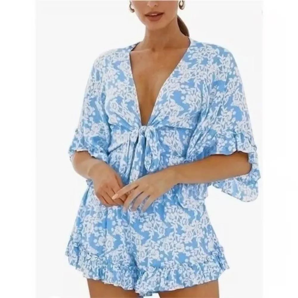 Elegant Blue Floral Jumpsuit Size Large